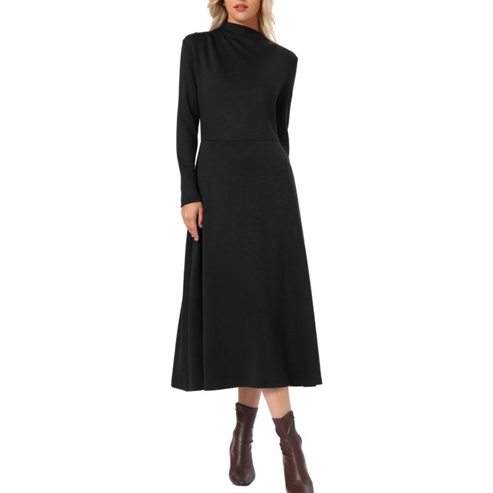 Women Ribbed Knit Mock Neck Casual Fall Long Sleeve Maxi Dress Black
